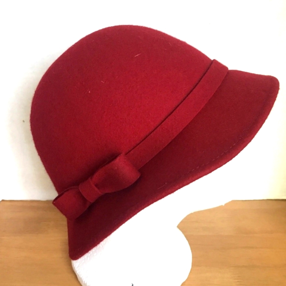100% Wool Elegance Cloche Bucket Bowler Fedora Bright Red Hat OS